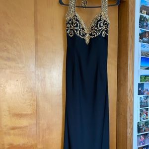 Black prom dress with gold detailing